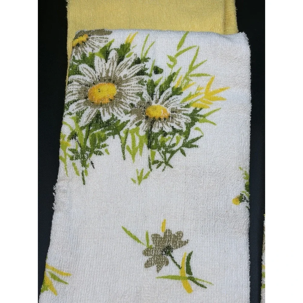 Floral Hand Towel Finger Towels/Washcloths Cotton Vtg Retro MCM 70s Green Yellow